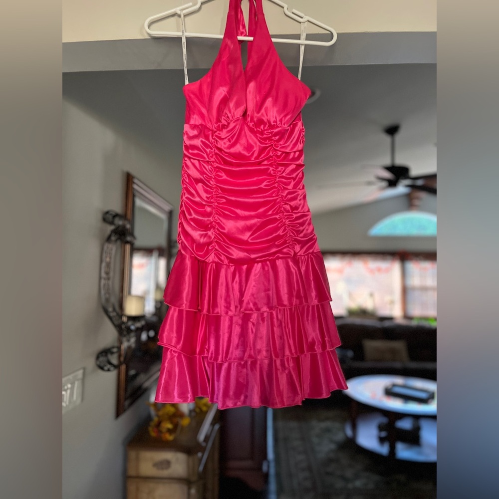 Ruffled halter top satin dress